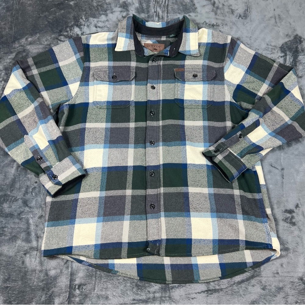 Orvis Long Sleeve Xl Men's Green Blue Grey Heavy Plaid Flannel Button Up Pockets